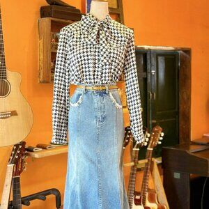 Light Wash Denim Midi Skirt Frayed Hem